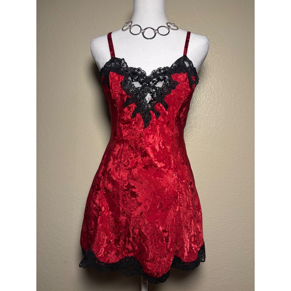 Y2K Vintage Victorias Secret Gold Label Red Satin Floral Lace Slip Dress S #9